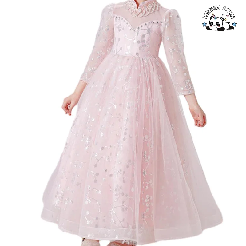 LEZONKIDS - Elegant White Floral Mesh Three quarter Sleeves Girls Evening Dress Flower Girl Dress